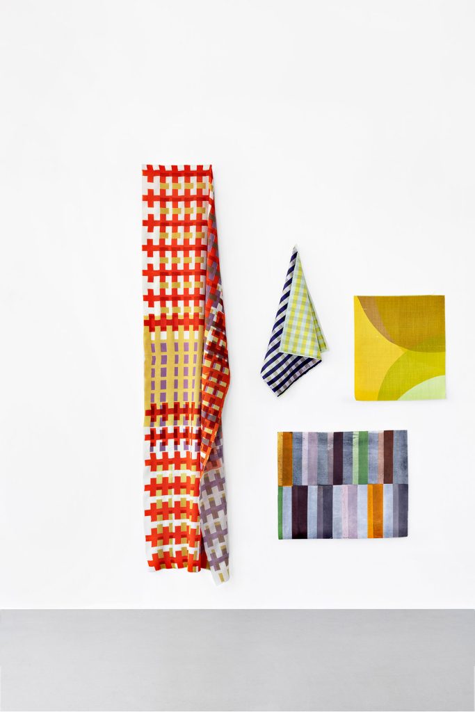 Photo of temporary hand-printed textiles: Anne Fabricius Møller, Janne Wendt, Lisbeth Friis, Josefina Enevold, Trine Tronhjem, Liv Marie Rømer, Else Kallesøe og Bitten Hegelund. Photo: Dorte Krogh