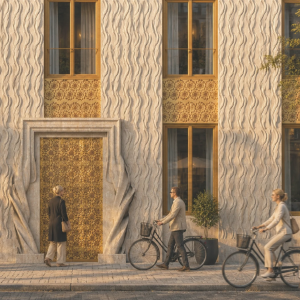 Cyklister der går foran en bygning.